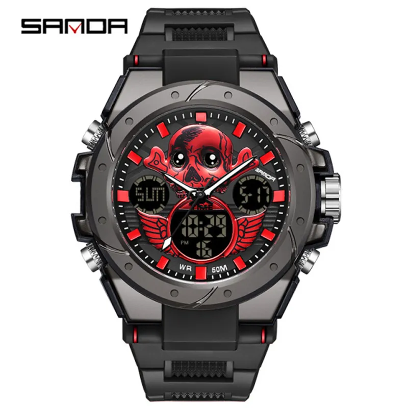 SANDA 6087 2022 Top Brand New Men Watch Cool Skull Pattern Dial Multifunction Electronic Wristwatch Gift Digital watch