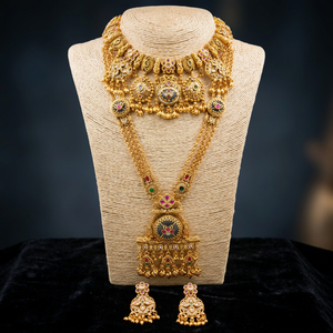 Conjunto de Collar Largo y Gargantilla de Lujo Estilo Templo Antiguo con Piedras Kemp, Colección de Joyería Nupcial Tradicional - Product Image 2