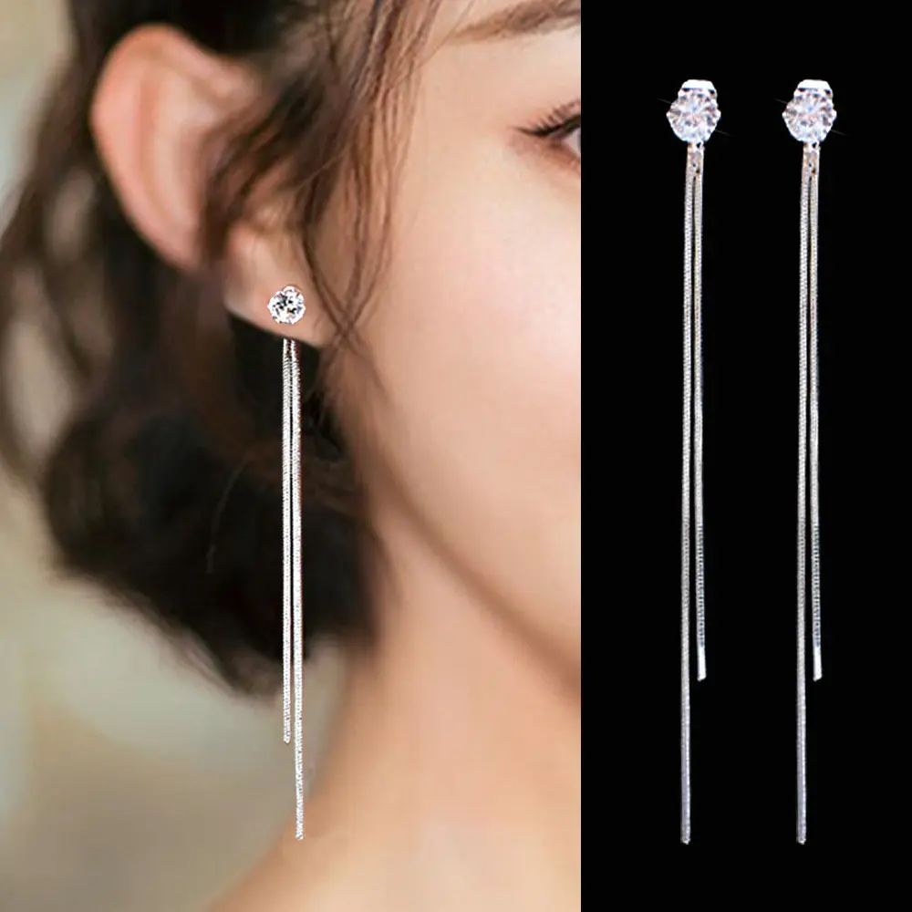 Korean Style Women Fashion Pearl Stud Earrings Rhinestone Long Tassel Drop Earrings