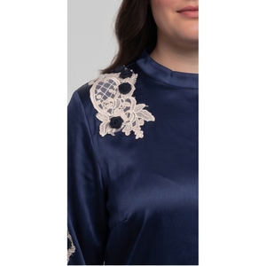 <b>Women's</b> <b>Navy</b> Blue Satin Blouse With Embroidery Lace Detail Full Sleeve Crew Neck Elegant Loose Fit <b>Top</b> - Product Image 4