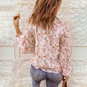 Blusa de gasa con manga larga para mujer, camisa con estampado Floral y cuello en V, venta directa de fábrica