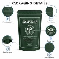 Sachet refermable à fermeture éclair pour poudre de matcha, emballage pour poudre de thé vert premium, impression personnalisée, sachet de thé refermable