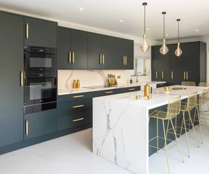 Armoires de cuisine modernes, modulaires, en bois, étanches, avec design 3D, pour villa, centre commercial, salle à manger - Product Image 1