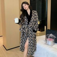 Peignoir long pour femme, imprimé léopard, épais, automne-hiver, jersey double face, thermique, doux, respirant, 100% coton