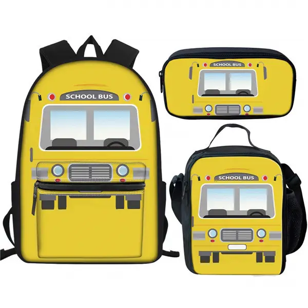 POD Cartoon School Bus Printing Portable Kids School Bags Set Waterproof School Bags For Boys Breathable Bookbags For Kids