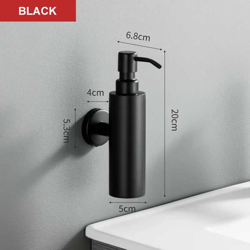 Distributeur de savon liquide mural noir en acier inoxydable 304, vente en gros, pour toilettes, salle de bain