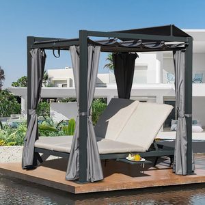 Chaise longue d'extérieur avec auvent et rideaux, <span class=keywords><strong>en</strong></span> aluminium, double, résistante aux intempéries, pour <span class=keywords><strong>jardin</strong></span>, piscine, pelouse - Product Image 2