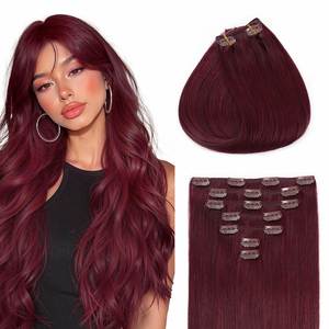 Extensiones de Cabello Humano Remy 100% Naturales con Clip, Juego Completo de 7 Piezas, Extensiones de Cabello Liso con Clip en Color Borgoña # 99J - Product Image 1