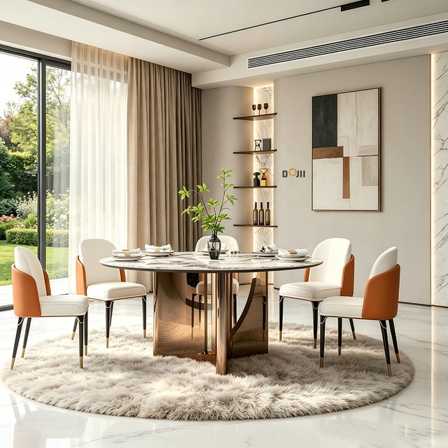 360° Rotating Lazy Susan Dining Table, Mirror Rose Gold Sculptural Pedestal / Circular Cutout Base Built-in Turntable Dine Table