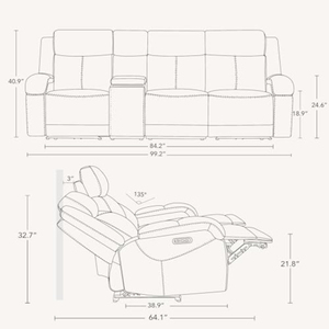 <span class=keywords><strong>Canapé</strong></span> inclinable <span class=keywords><strong>électrique</strong></span> 3 places en cuir véritable avec console de rangement, appuie-tête <span class=keywords><strong>électrique</strong></span> et ports USB - Product Image 2