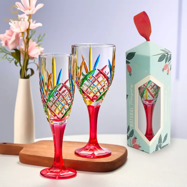Handgeschilderde Spuitkleur Gegraveerd Rode Wijnglas, Champagneglas, Italiaanse Murano Gekleurde Glazen Beker
