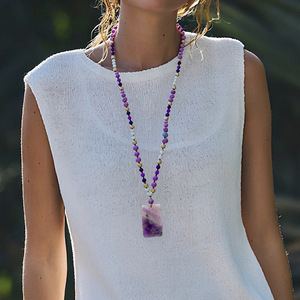 Kalung Liontin <span class=keywords><strong>Amethyst</strong></span> Persegi Model Baru Laris Manis untuk Wanita, Dilengkapi Manik-manik Berbentuk Bunga Ungu, Desain Ikat Tangan, Model Panjang - Product Image 3