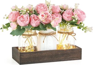 <strong>Rustic</strong> <strong>Wedding</strong> Mason Jar <strong>Centerpiece</strong> with LED Lights for Farmhouse Decor, Handmade Tray with Silk Flowers F-UA06 - Product Image 5