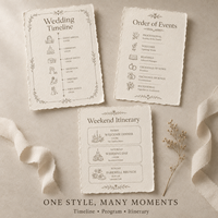 Cartes de chronologie de mariage à bords festonnés, carte d'itinéraire de mariage personnalisée avec cadre floral et illustration graphique pour l'impression de papeterie pour invités de mariage