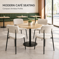 Chaise de restaurant tubulaire en métal, dossier arrondi en bouclette crème, coussin épais, structure noire mate