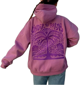 Sudadera con capucha extragrande para mujer Under The Palms, diseño floral morado en la espalda, tejido de algodón, estilo casual para otoño - Product Image 1
