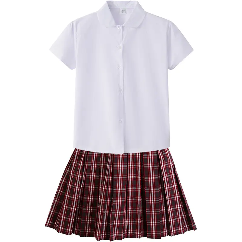 เสื้อยูนิฟอร์มนักเรียนสำหรับเด็กผู้หญิงเด็กผู้ชาย,เสื้อเชิ้ตสีขาวกระโปรงลายตารางเครื่องแบบนักเรียน