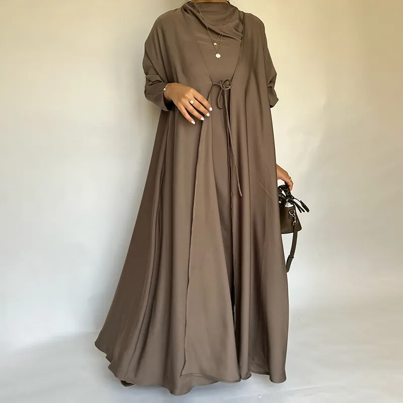 ผู้ผลิต abaya ที่กําหนดเองสีทึบซาตินเปิด abaya femmes เสื้อคลุม musulmane ผู้หญิงมุสลิมชุด abaya ดูไบ 2024