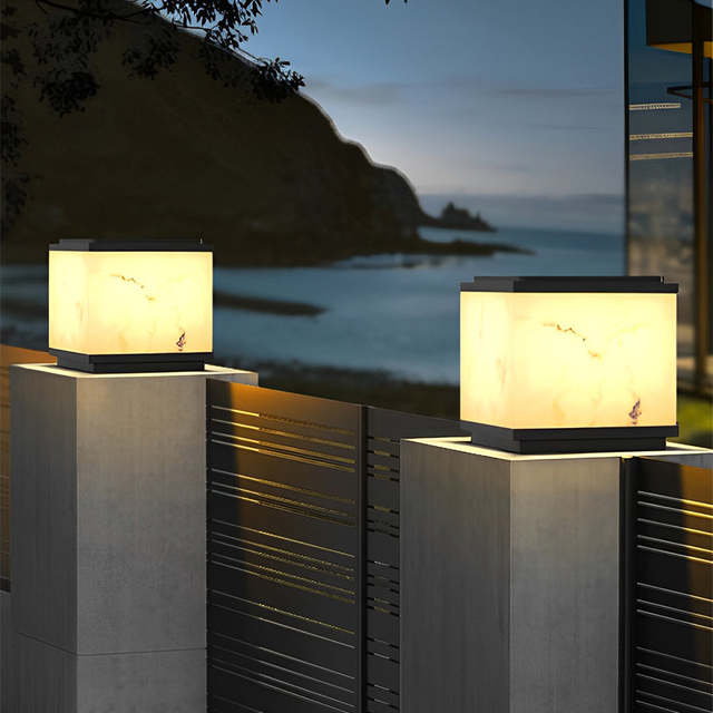 Outdoor Waterproof Square Solar Column Lamp with Imitated Marble LED Post Lights Fence Light