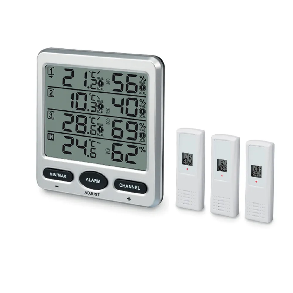 Termohigrómetro inalámbrico FT0073 con 3 sensores remotos de temperatura y humedad que admiten 8 canales para uso en el jardín doméstico