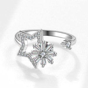 Anillos giratorios delicados con diseño floral para la ansiedad, con circonitas pavé, de cobre chapado en oro blanco, con estrella, ajustables, para mujer - Product Image 3