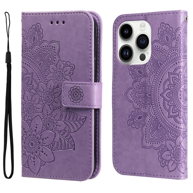 Wholesales for iPhone 15 Pro Max 7-petal Flowers Embossing Leather Phone Case(Light Purple)