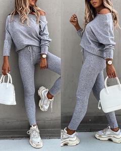 Costume de sport décontracté pour femme haut pull solide à épaules dénudées avec pantalon long vêtements de sport en tricot qui frappe la longueur de la <span class=keywords><strong>cheville</strong></span> - Product Image 2