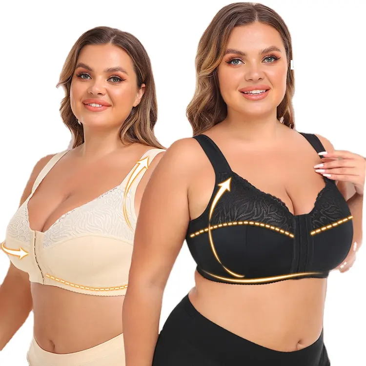 Sutiã plus size feminino sexy com cobertura completa para costas, colete de renda, sutiã com fecho frontal, sutiã grande com gordura nas costas, roupa íntima elevatória