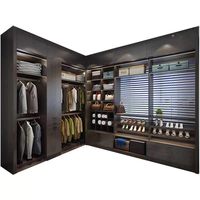 Système de dressing sur mesure de luxe avec éclairage LED, grain de bois foncé, en forme de L, penderie ajustable, assemblé