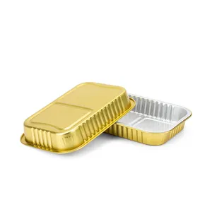 Recipiente/bandeja de comida de papel de aluminio desechable rectangular dorado con tapa de plástico 680ml de alta temperatura para panadería