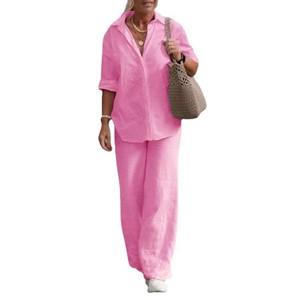 Ensemble décontracté pour femmes en lin et coton avec logo personnalisé, <span class=keywords><strong>taille</strong></span> <span class=keywords><strong>5XL</strong></span>, chemisier et pantalon large, ensemble 2 pièces - Product Image 6