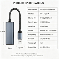 Yepyeni OEM Gigabit Ethernet Adaptörü Tak Çalıştır USB3.0 RJ45 1000Mbps Alüminyum Örgülü LAN Dongle Dizüstü Bilgisayar PC Nintendo Switch için