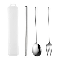 Ensemble de couverts portable en acier inoxydable 304, poli miroir argenté, style coréen, 3 pièces (fourchette, cuillère, baguettes) avec boîte, pour le camping