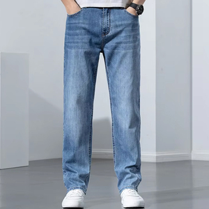 Fabricants de jeans de mode en Chine, vente en gros de jeans pour hommes en coton, polyester et élasthanne, denim <span class=keywords><strong>bleu</strong></span> moyen classique, coupe ample et droite - Product Image 2