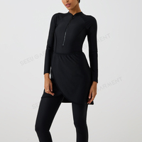 Ensemble burkini modeste noir avec logo personnalisé, fermeture éclair avant, jupe portefeuille et leggings, maillot de bain pour femmes musulmanes, commande en gros sous marque privée