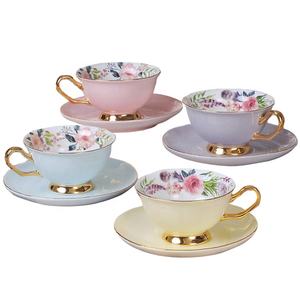 Ensemble de tasses à café et à thé en céramique vintage écologiques en porcelaine fine, 4 couleurs, motifs de fleurs et d'oiseaux, 240 ml, avec soucoupes - Product Image 1