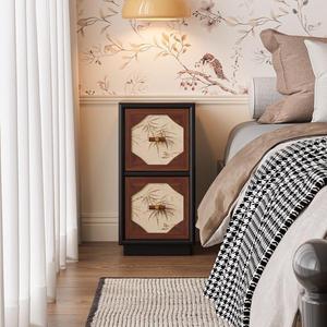 Vintage Style <b>Narrow</b> Bamboo Leaf Nightstand Dark Brown Wood <b>Storage</b> Cabinet For Bedroom - Product Image 2