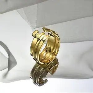 Design Finger 18K Gold Plated Geometric Stainless Steel Jewelry Abrindo Anel para Casais