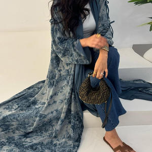 <span class=keywords><strong>Ensemble</strong></span> Abaya Modeste Musulmane avec Doublure en Mousseline Douce Double Couche, Imprimé Tie-Dye, Foulard, Kimono Cardigan Respirant pour <span class=keywords><strong>Femme</strong></span> Style Dubaï - Product Image 1