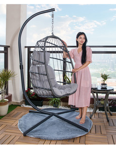 Sedia <span class=keywords><strong>a</strong></span> dondolo sospesa moderna grigio scuro in metallo intrecciato per esterni con cuscino e copertura per patio, giardino, camera da letto e soggiorno - Product Image 2