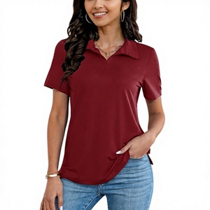 Polo à manches courtes pour femme, couleur unie, tricoté, décontracté, sport, longueur normale, bordeaux - Product Image 1