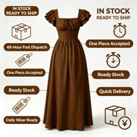 Robe longue plissée à col carré pour femme 2026, manches bouffantes, taille smockée, à nouer devant, élégante robe d'été pour mariage et vacances