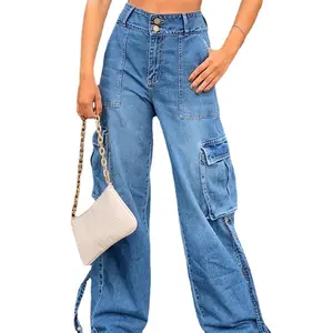 WJ173 ODM Celana Jeans Pinggang Tinggi Wanita, Celana Denim Longgar Kasual Kargo Streetwear Modis Modis Modis Penjualan Laris OEM