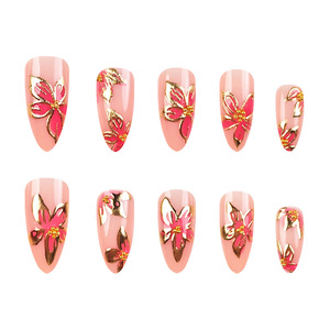 Puntas de Uñas Almendradas con Flores Doradas 3D, Estilo Delicado, Reutilizables, 24 Piezas - Product Image 3