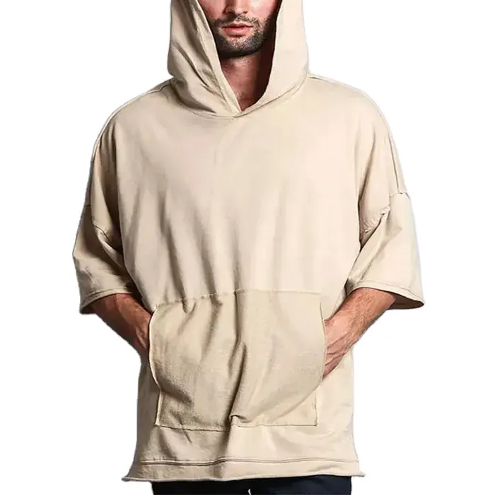 manufacture cut bottom plus size men's hoodies customized raw bottom outside stitching short sleeve hoodies