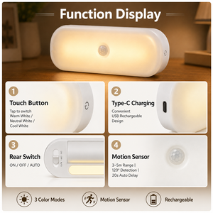 Luz Nocturna Inalámbrica con Sensor de Movimiento, Luz LED Recargable para Armario con Brillo Ajustable, 3 Modos de Color y Montaje Magnético - Product Image 6