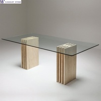 Table à manger de luxe en marbre et verre pierre naturelle minimaliste italienne rectangulaire en travertin beige pour meubles de salon