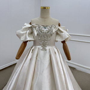Vestidos de niña de las flores Wn1788 de satén color marfil, largos hasta el suelo, con lazo, manga abullonada y cuentas, 100% poliéster, para fiestas de cumpleaños - Product Image 4