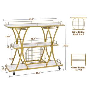 Melayani keranjang dengan pemegang kaca dan rak anggur, 3-Tier troli dapur dengan rak kaca Tempered dan bingkai logam Sepuh emas - Product Image 2
