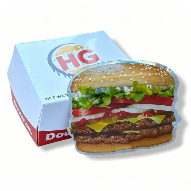 Custom Flower 3.5g 3.5 Mylar Bags Packaging Die Cut Hamburg Shape  Mylar Bags Candy Cookie Snack Edibles Bags With Boxes